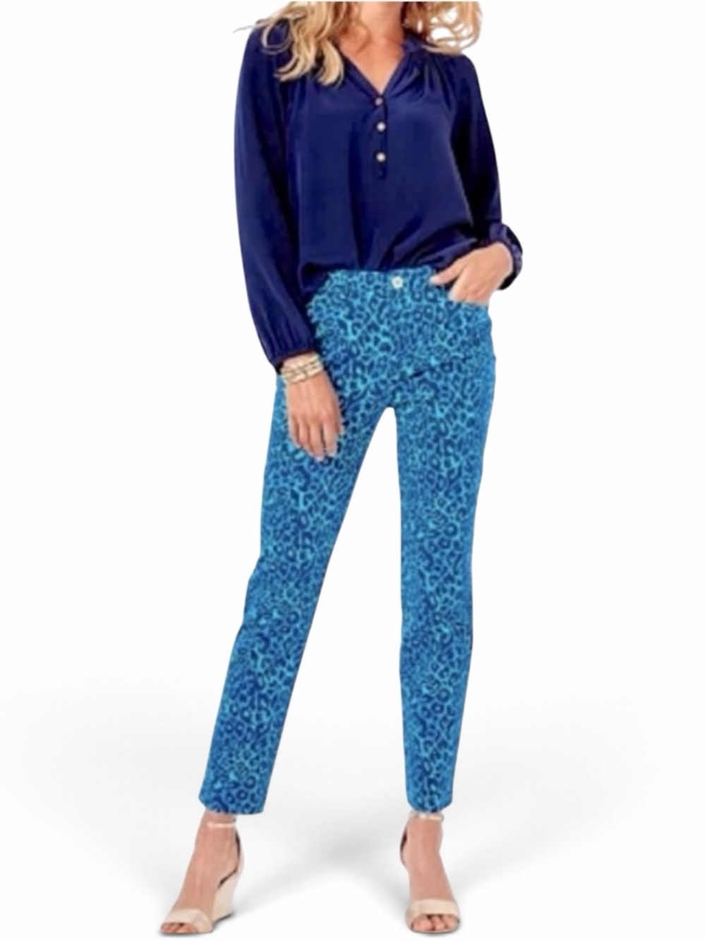 Lilly Pulitzer Kelly Stretch Ankle Pants Oyster Bay Blue Leopard Cheetah Size 4